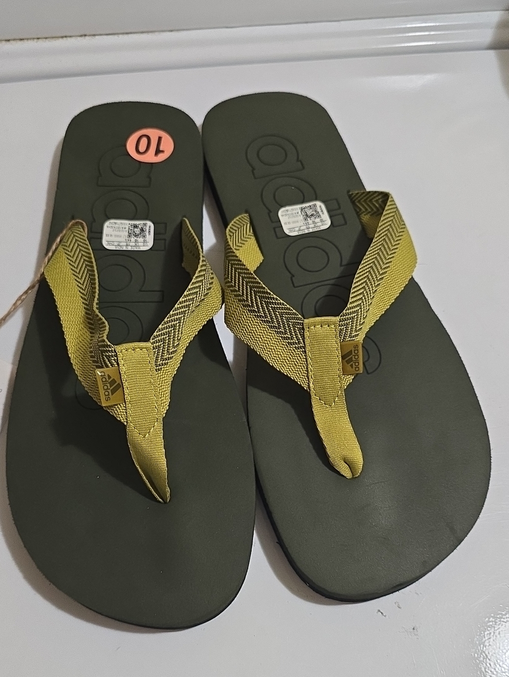 adidas Women’s Olive Green Flip Flops with Yellow Straps